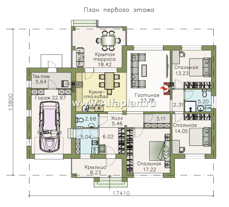 «Жасмин» - проект одноэтажного дома в классическом стиле, с гаражом - превью план дома
