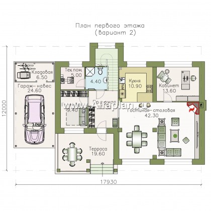 «Одер» - проект двухэтажного дома из газобетона,с террасой и с навесом на 1 авто, в современном стиле - превью план дома