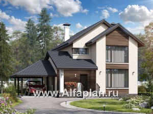 «Весна» - проект двухэтажного дома, планировка с террасой и с навесом для авто, в скандинавском стиле