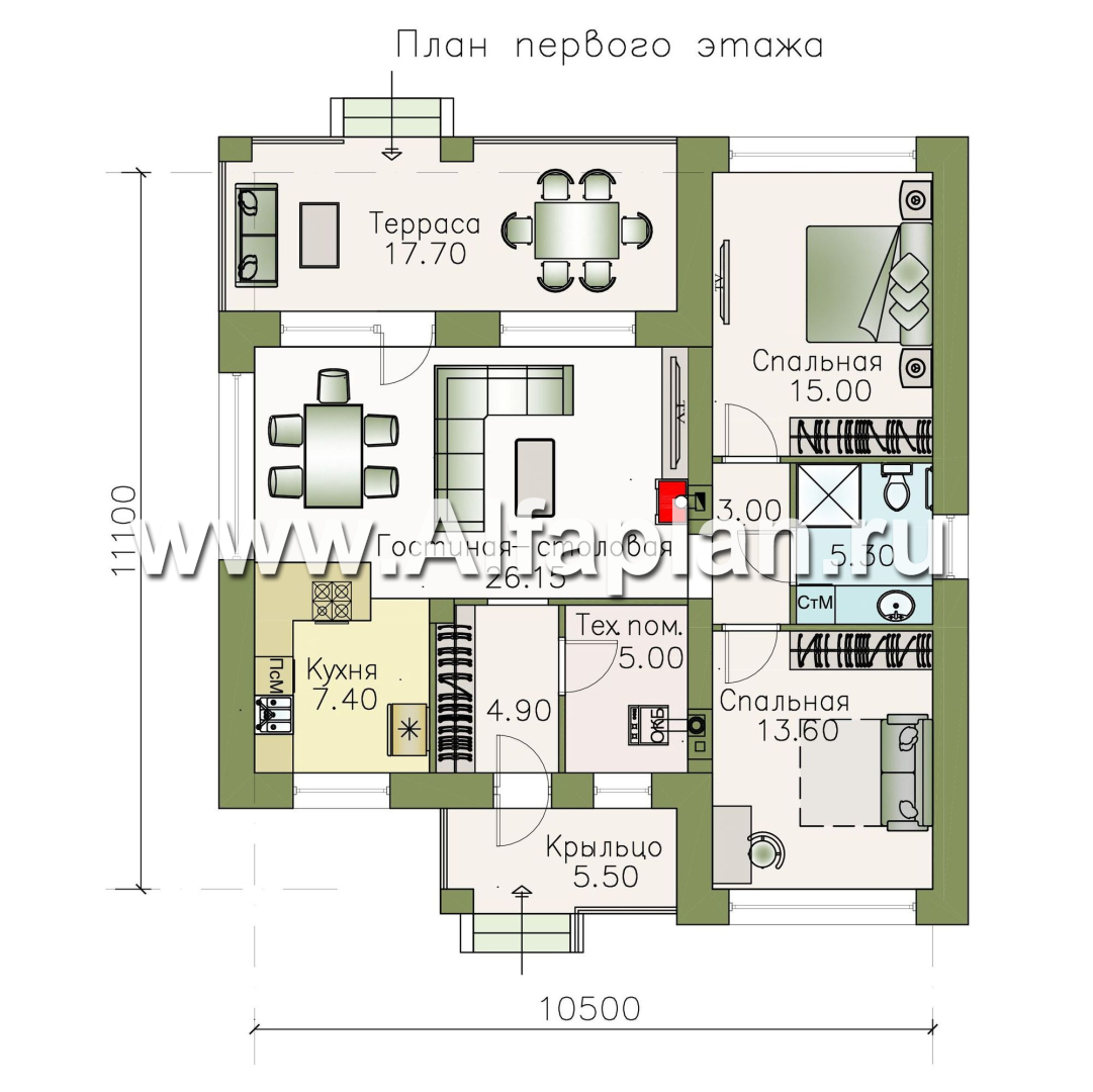 Изображение плана проекта «Онега» - компактный одноэтажный коттедж с двумя спальнями №1