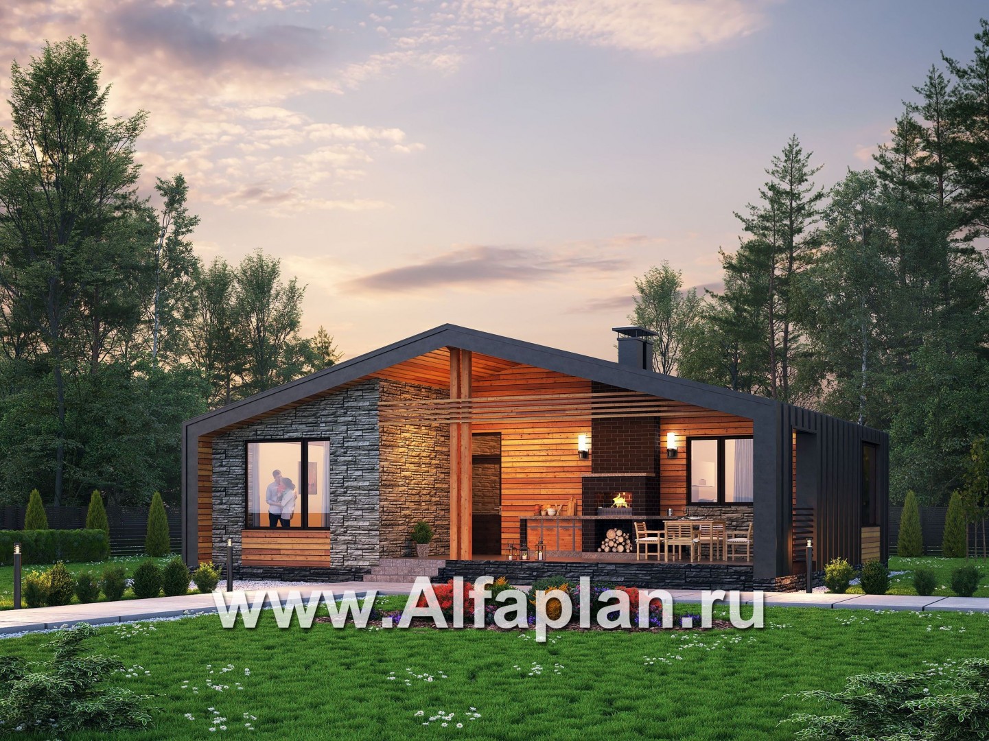 Проекты домов Альфаплан - «Гамма» - стильный каркасный дом с сауной - основное изображение