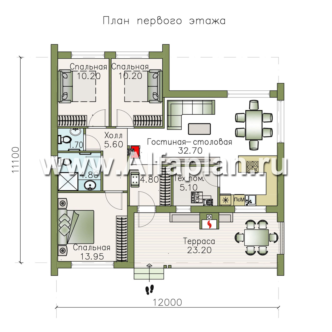 Проекты домов Альфаплан - «Эпсилон» - каркасный дом с тремя спальнями - изображение плана проекта №1