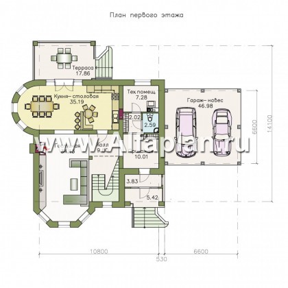«Золотая середина» - проект коттеджа с жилой мансардой, планировка с сауной, с эркером и навесом для 2 авто - превью план дома
