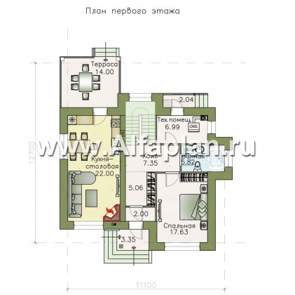 «Прагма» - проект двухэтажного дома с террасой, высокая гостиная с камином, в современном стиле - превью план дома