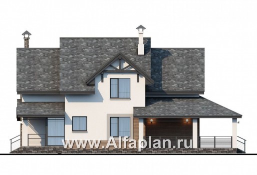 «Роза ветров» - проект двухэтажного коттеджа из газобетона, с террасой и с летней кухней, загородный дом в скандинавском стиле - превью фасада дома