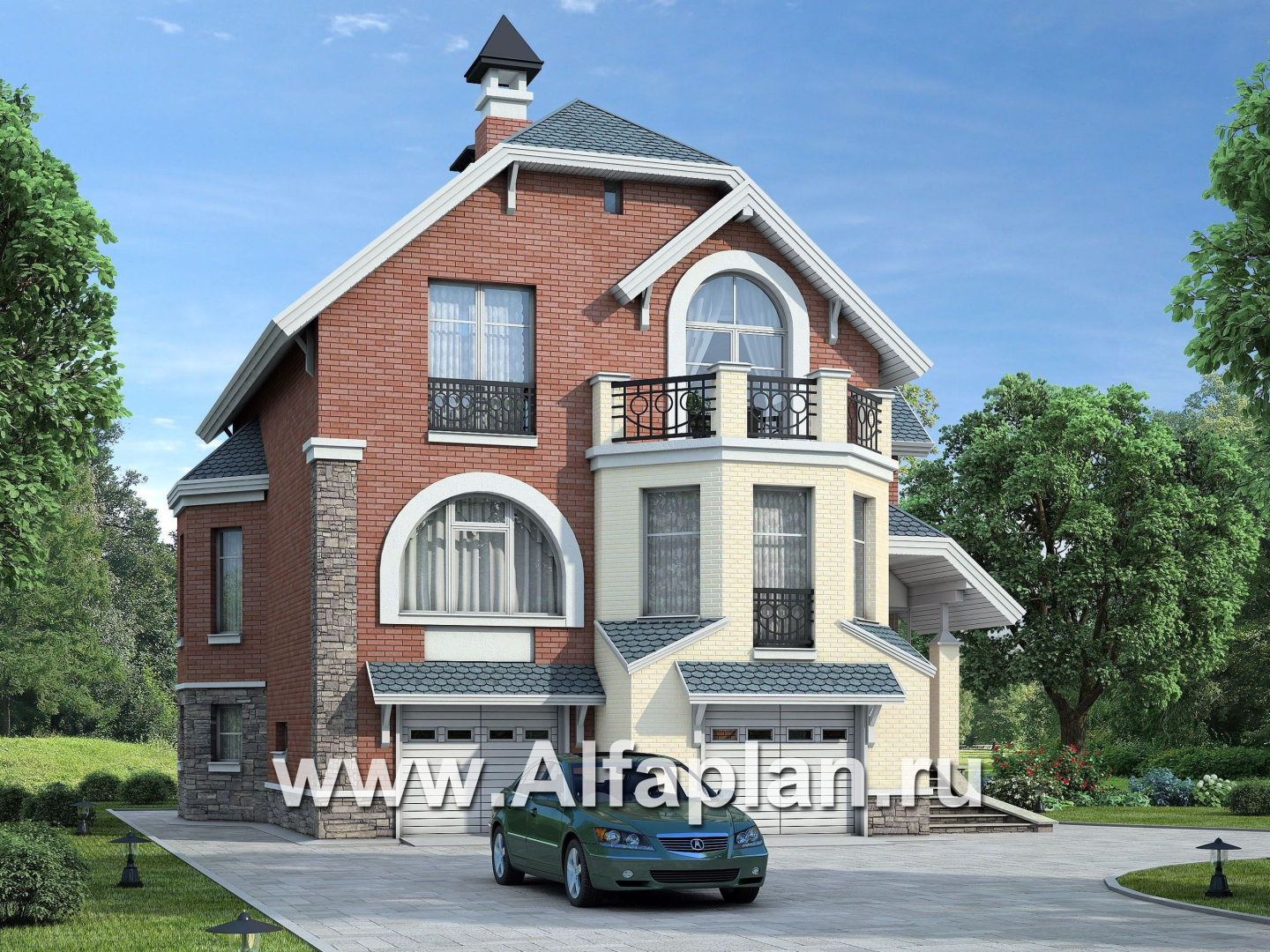 Проекты домов Альфаплан - «Корвет» - трехэтажный коттедж с двумя гаражами - дополнительное изображение №1