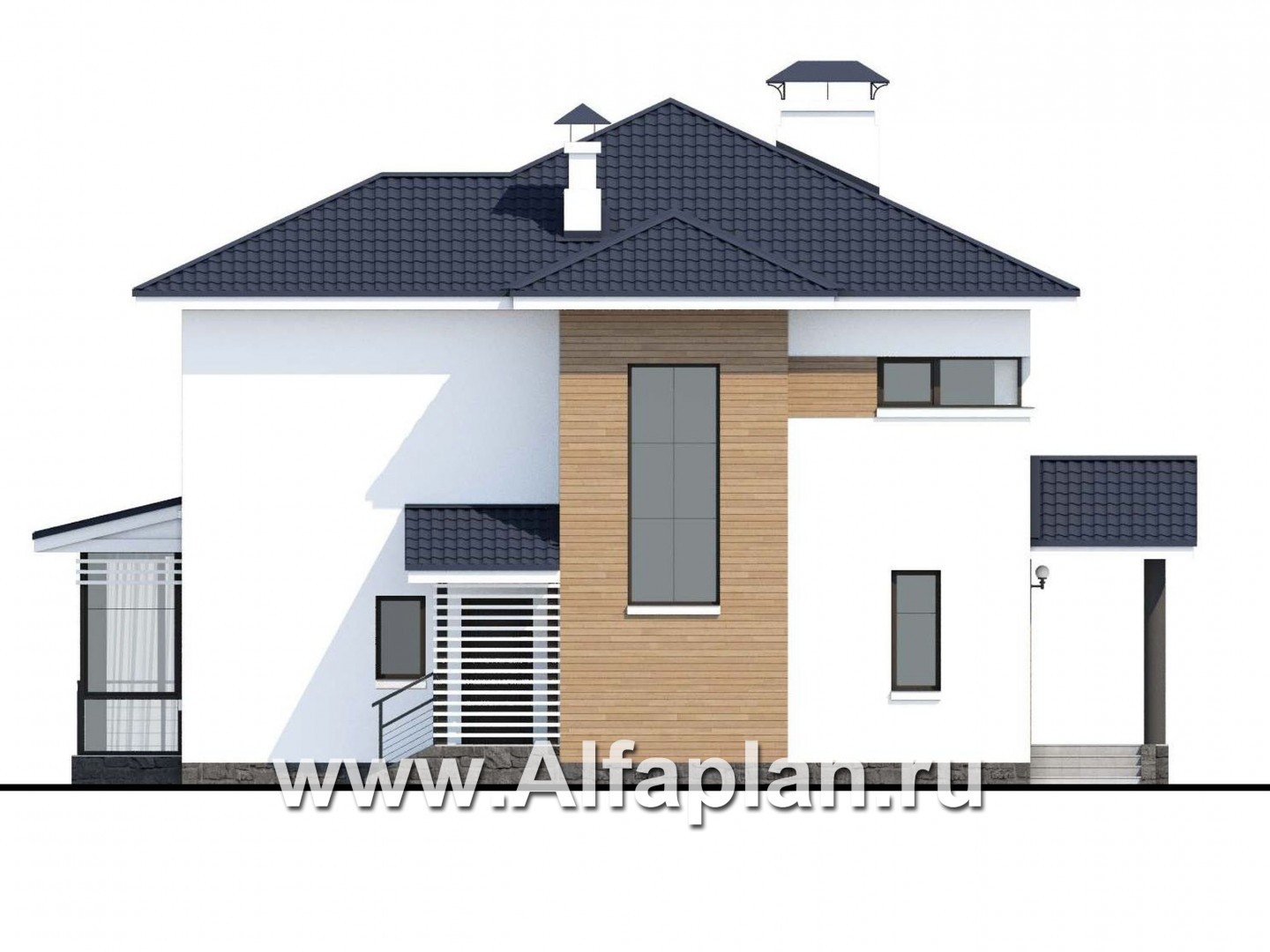 Проекты домов Альфаплан - «Эффект бабочки» - современный дом с верандой и террасой - изображение фасада №4