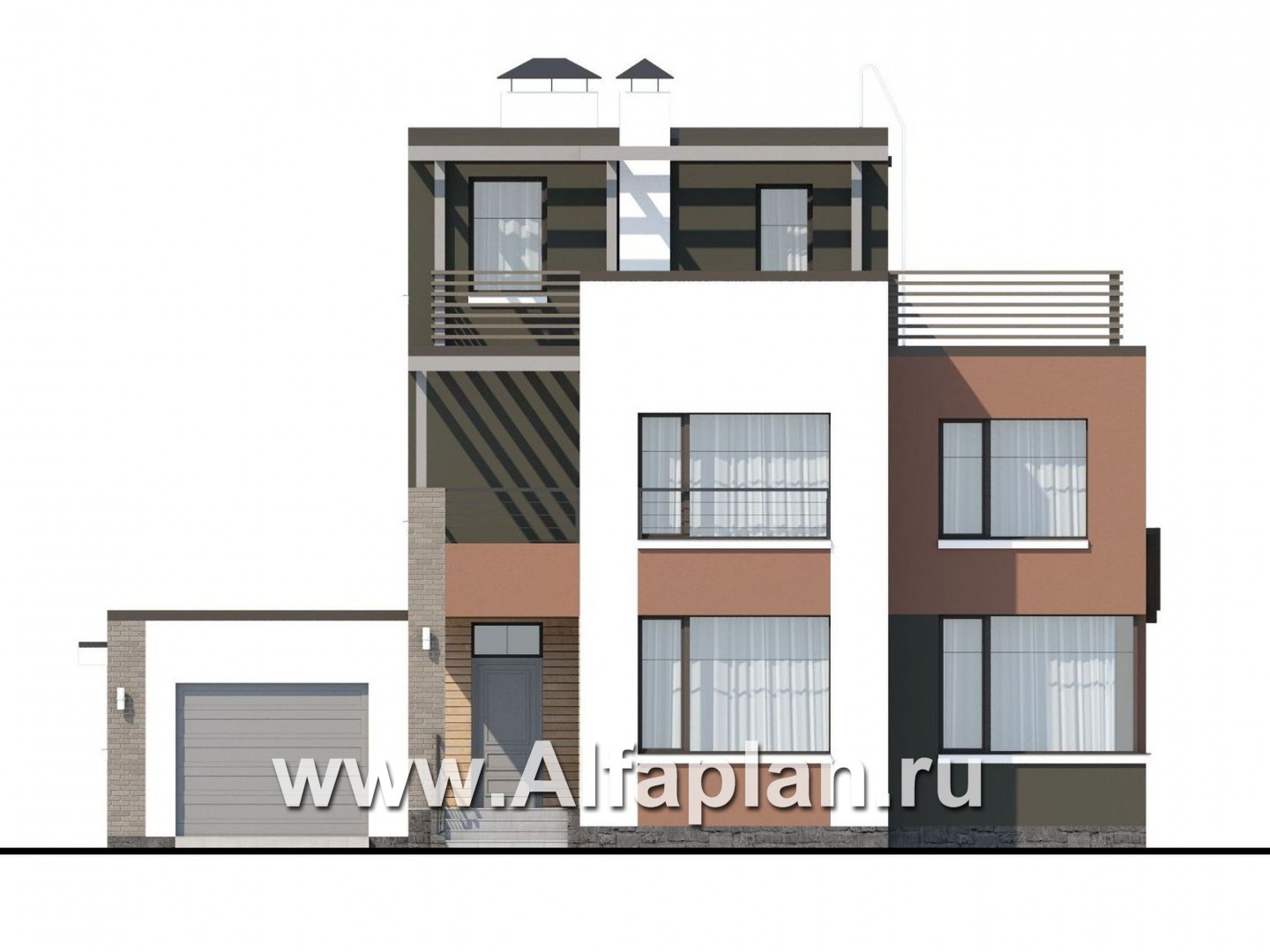 Проекты домов Альфаплан - «Рефлекс» - комфортабельный коттедж с эксплуатируемой кровлей - изображение фасада №1