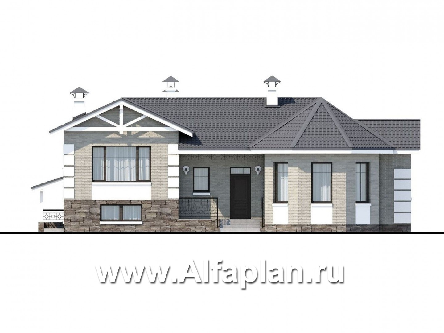Проекты домов Альфаплан - «Тайный советник» - полутораэтажный коттедж с небольшим цоколем - изображение фасада №1