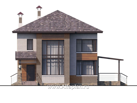 «Печора» - проект двухэтажного дома, в современном стиле, со вторым светом гостиной, с сауной и с террасой - превью фасада дома