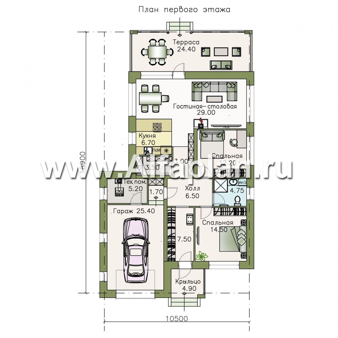 Проекты домов Альфаплан - «Каллиопа» - одноэтажный дом с террасой и гаражом (две спальни) - изображение плана проекта №1