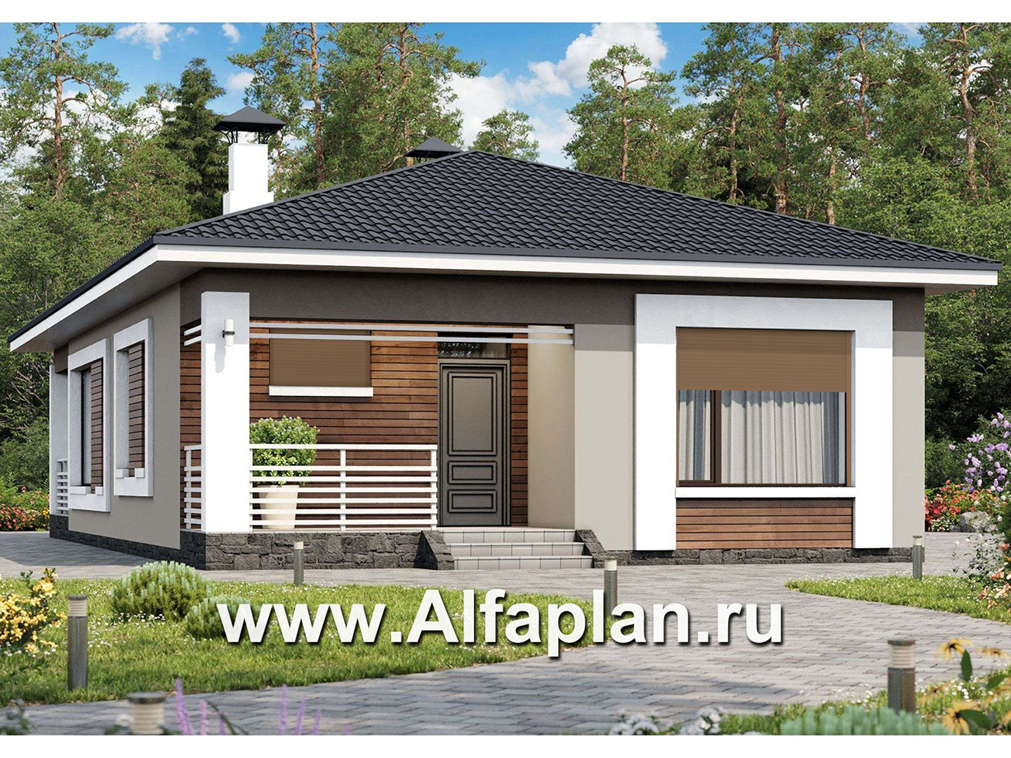 Проекты домов Альфаплан - «Каллиопа» - проект одноэтажного дома из кирпича для узкого участка с двумя спальнями - основное изображение