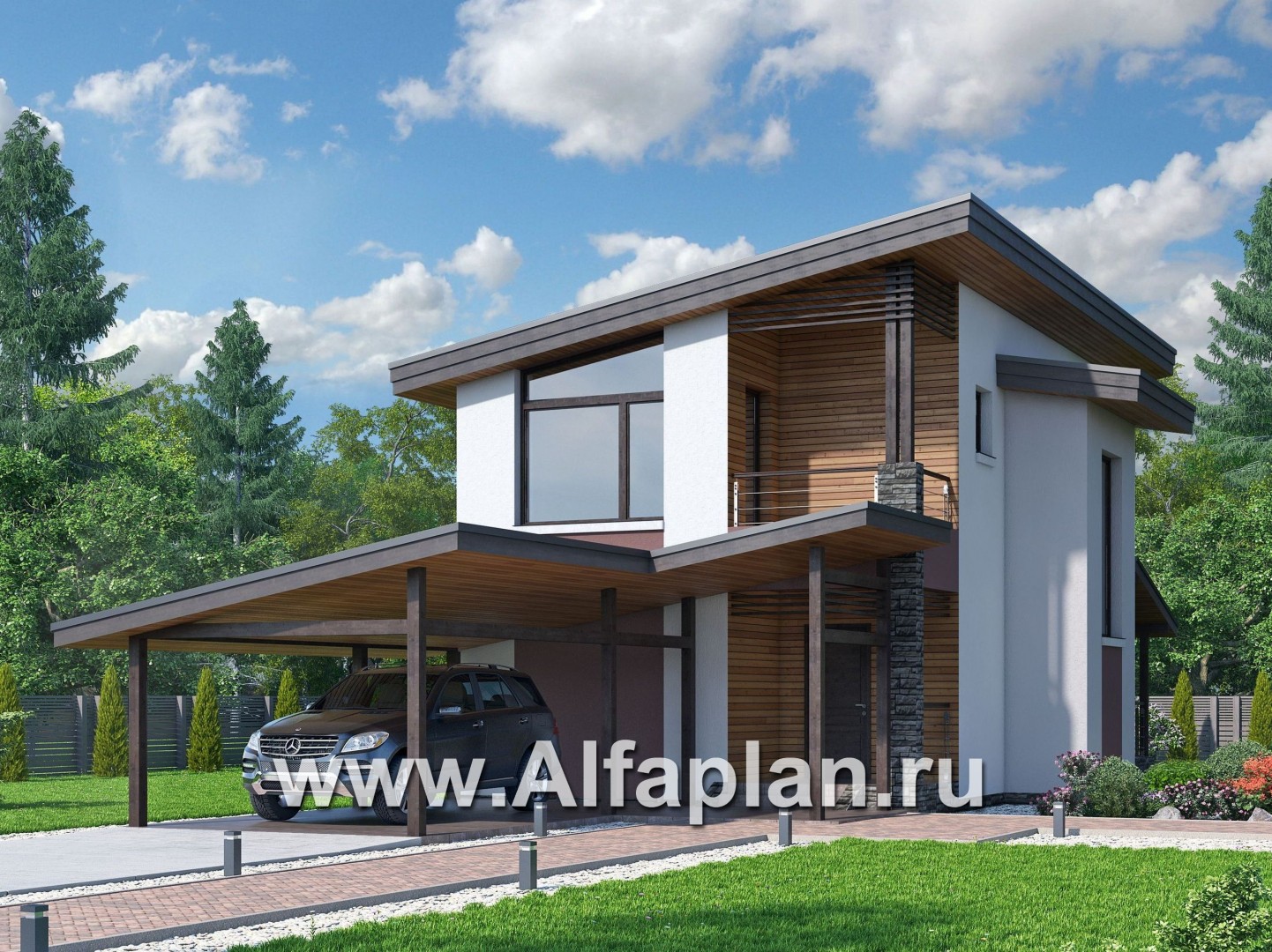 Проекты домов Альфаплан - «Арс» - дом с гаражом-навесом для узкого участка - основное изображение
