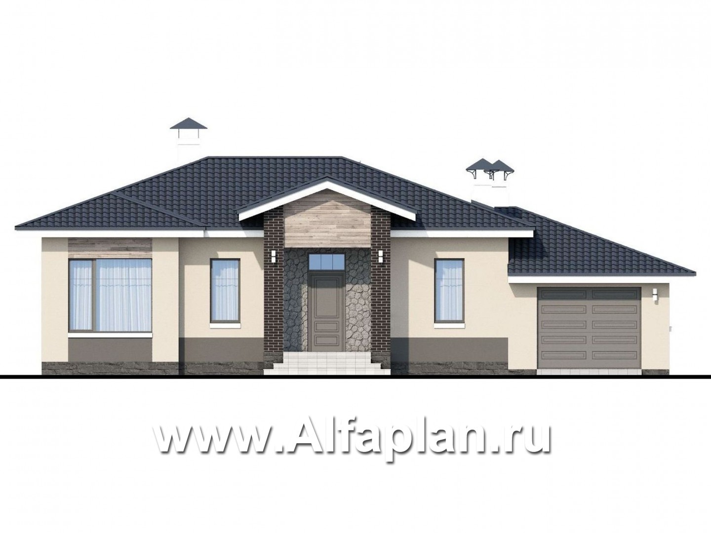 Проекты домов Альфаплан - «Бирюса» - одноэтажный коттедж для небольшой семьи, с теплым гаражом - изображение фасада №1
