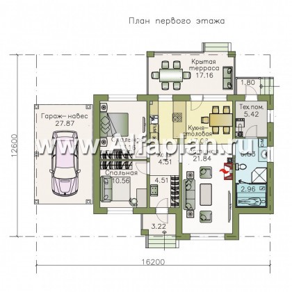 Проекты домов Альфаплан - «Княженика» - экономичный одноэтажный дом с навесом для машины - превью плана проекта №1