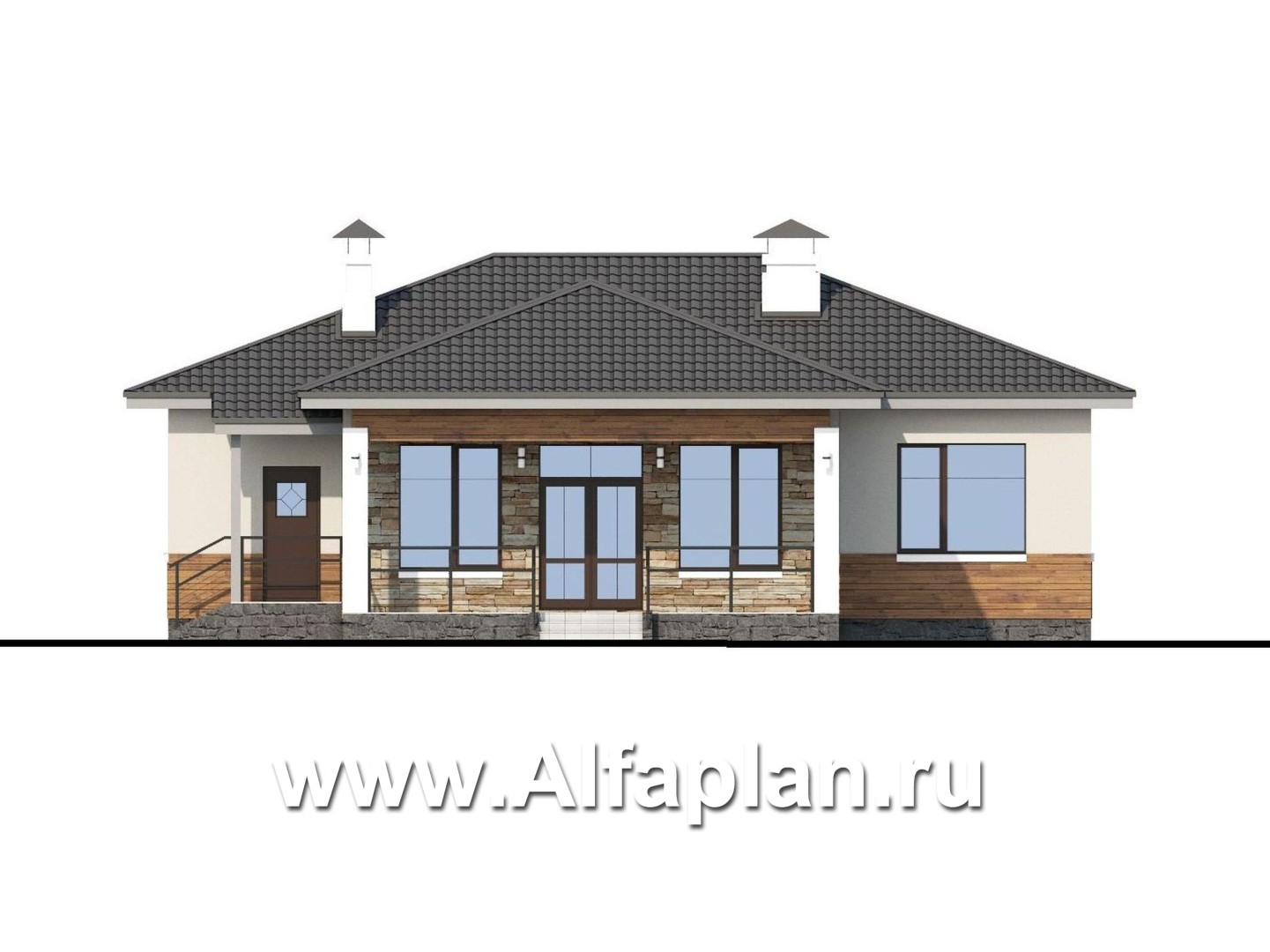 Проекты домов Альфаплан - «Витамин» - одноэтажный дом с большой гостиной и крытой террасой - изображение фасада №4