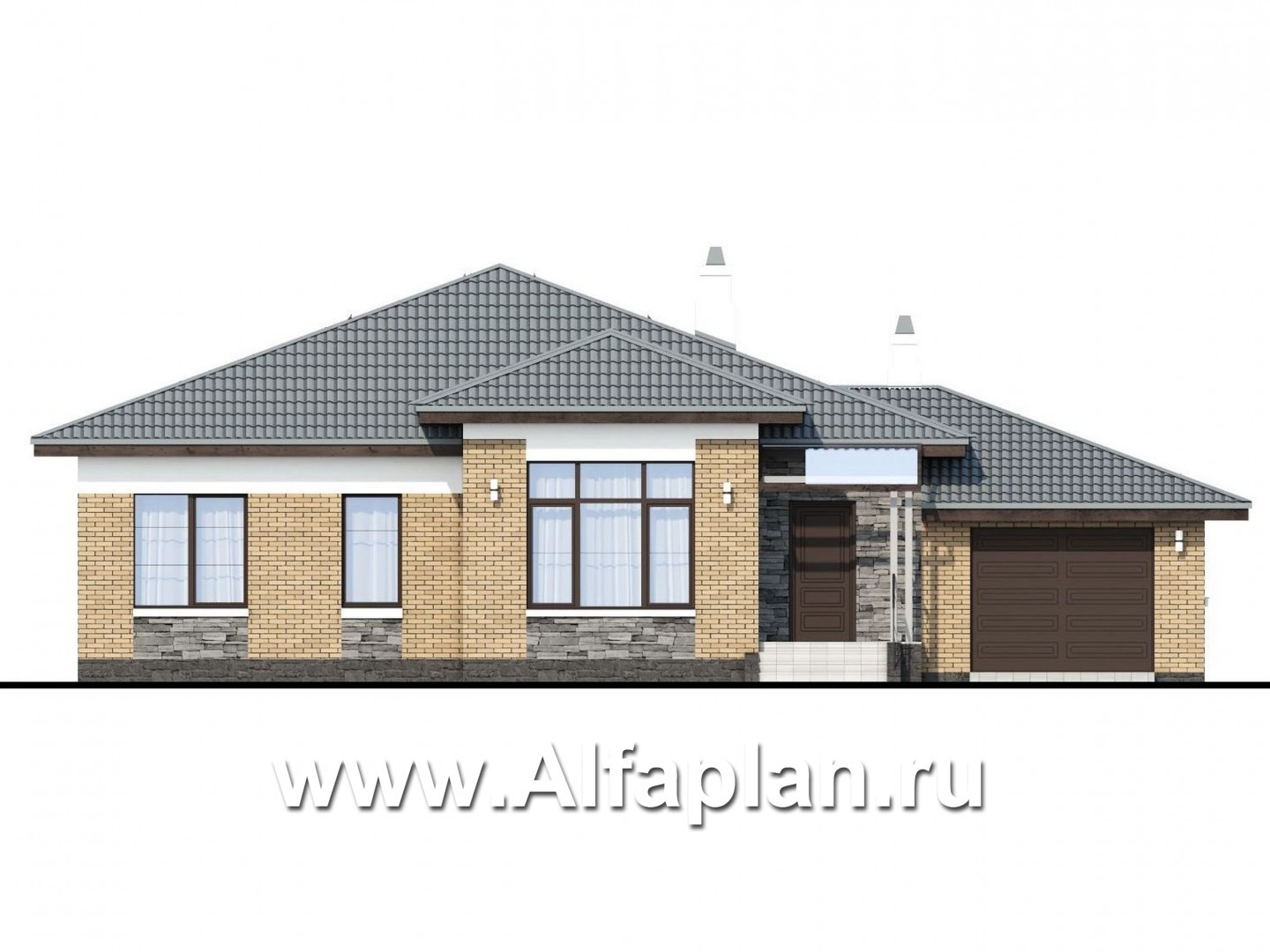 Проекты домов Альфаплан - Проект одноэтажного дома из кирпичей «Княженика», с гаражом - изображение фасада №1