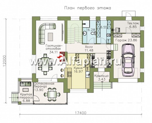 Проекты домов Альфаплан - «Летний вечер» - современный двухэтажный коттедж с гаражом и верандой - превью плана проекта №1