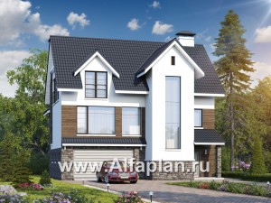 Проекты домов Альфаплан - «Альпина» - трехэтажный коттедж с гаражом для маленького участка - превью основного изображения