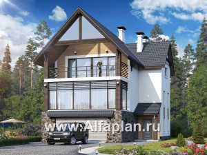 «Фея снов» - проект двухэтажного дома с мансардой, с гаражом на 2 авто в цоколе, с террасой и с лоджией, в современном стиле