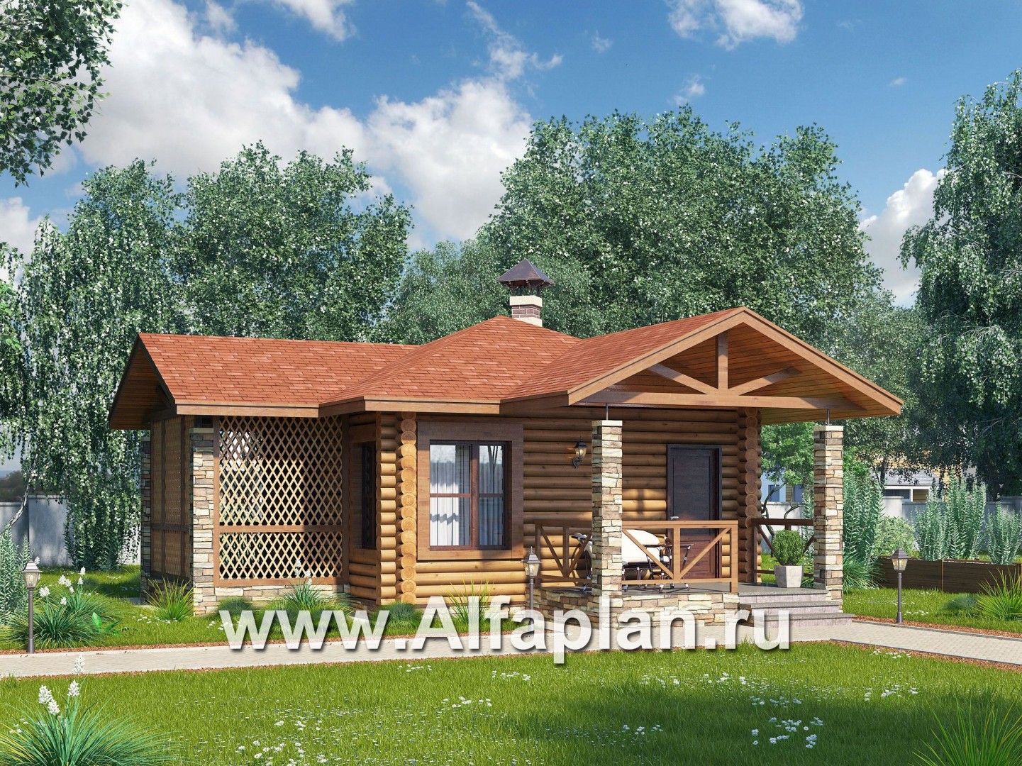 Проекты домов Альфаплан - Компактная, угловая деревянная баня с террасой - основное изображение