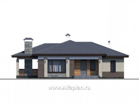«Юкон» - проект одноэтажного дома из газобетона, планировка дома с террасой и сауной - превью фасада дома