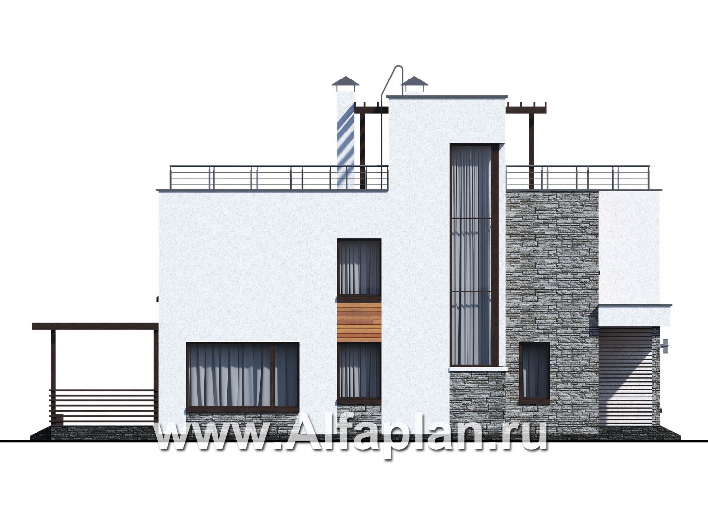 Проекты домов Альфаплан - «Золотой ключик» — современный дом с плоской эксплуатируемой кровлей - изображение фасада №2
