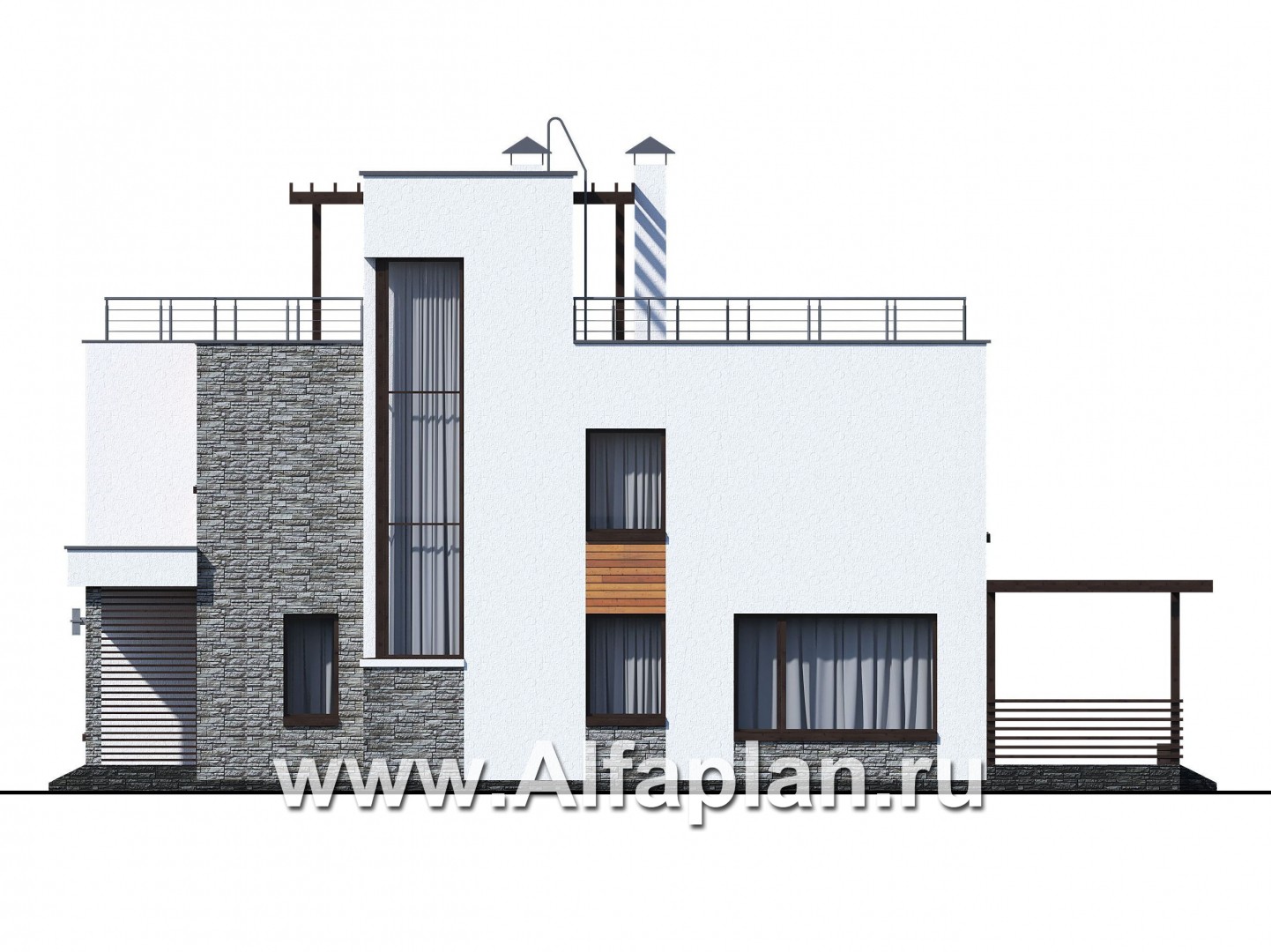 Проекты домов Альфаплан - «Золотой ключик» — современный дом с плоской эксплуатируемой кровлей - изображение фасада №2