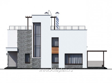 Проекты домов Альфаплан - «Золотой ключик» — современный дом с плоской эксплуатируемой кровлей - превью фасада №2