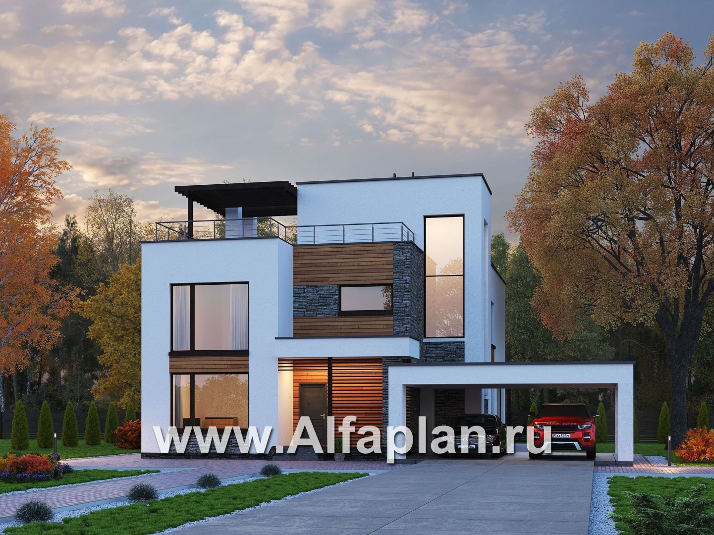 Проекты домов Альфаплан - «Золотой ключик» — современный дом с плоской эксплуатируемой кровлей и гаражом-навесом - основное изображение