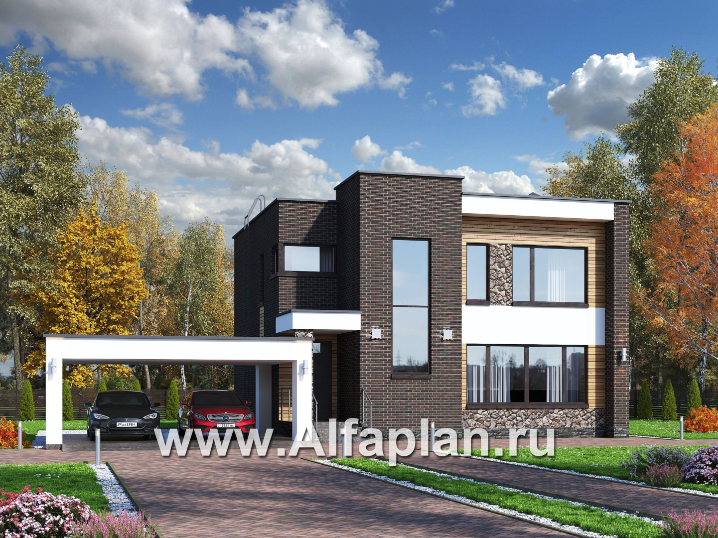 Проекты домов Альфаплан - «Эрго» - проект двухэтажного дома с плоской кровлей 10х10м, с гаражом-навесом - основное изображение