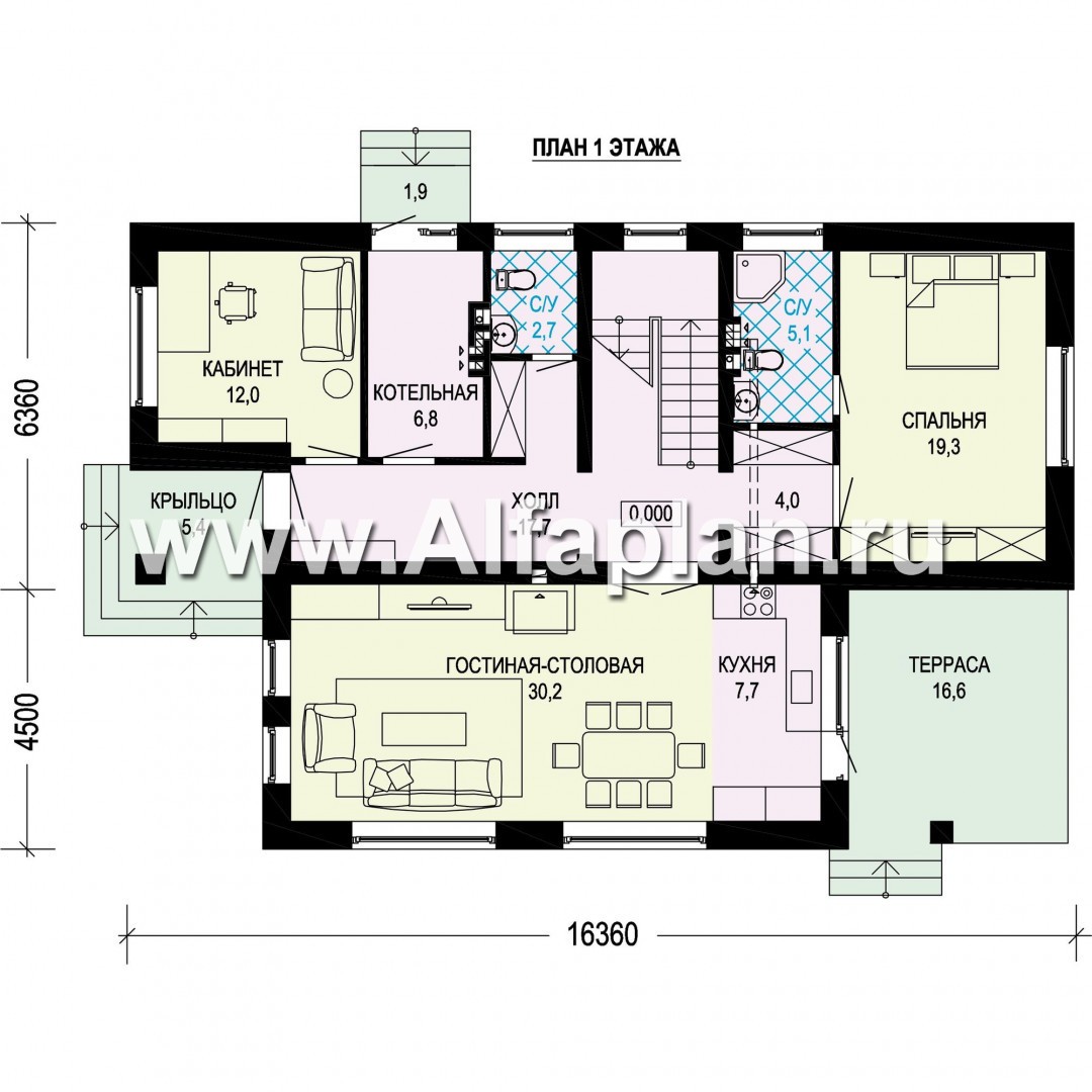 Проект современного загородного дома, планировка с высокой гостиной, две спальни на 1 эт - план дома