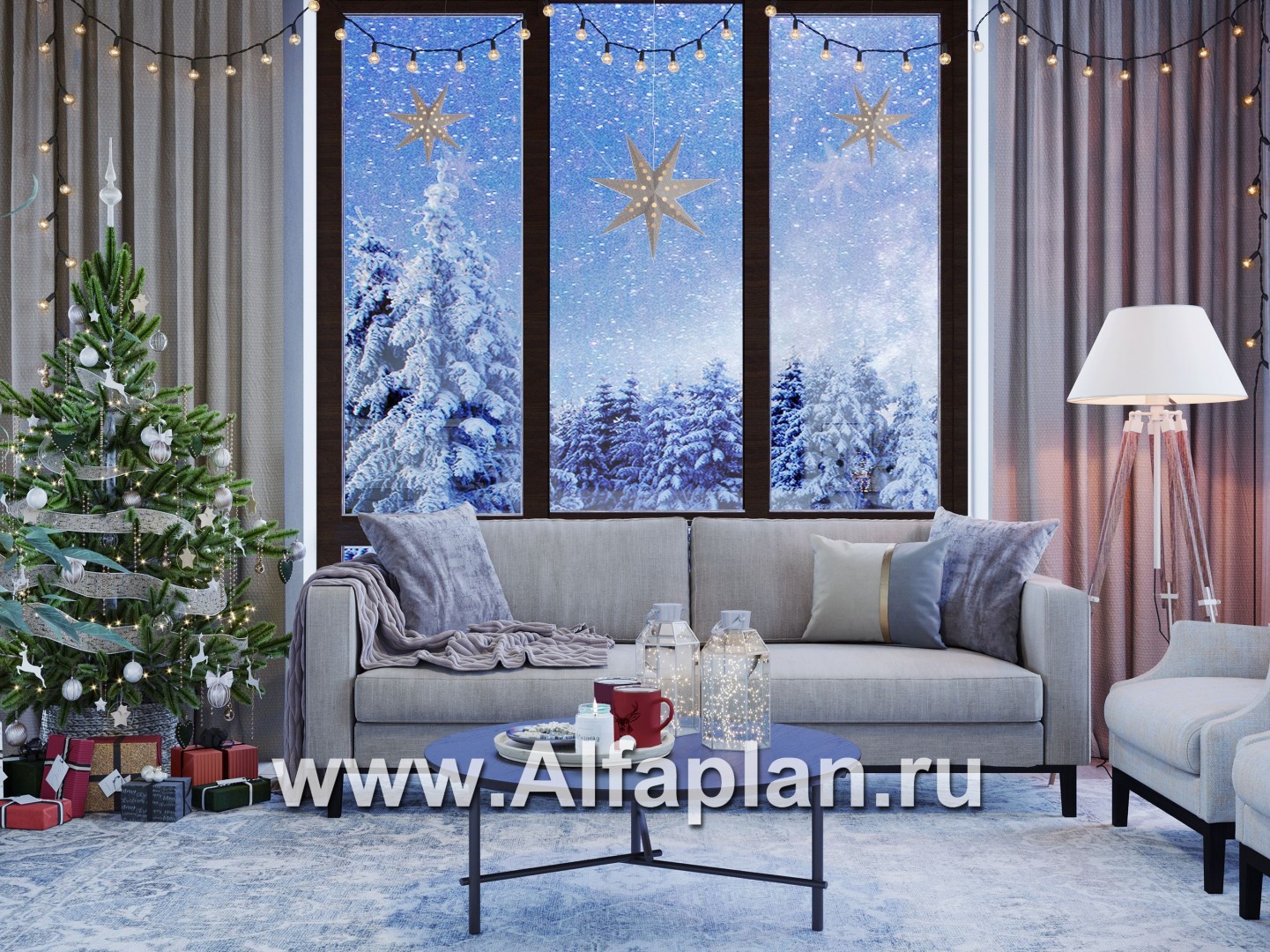 Проект современного загородного дома, планировка с высокой гостиной, две спальни на 1 эт, с террасой - дизайн дома №2