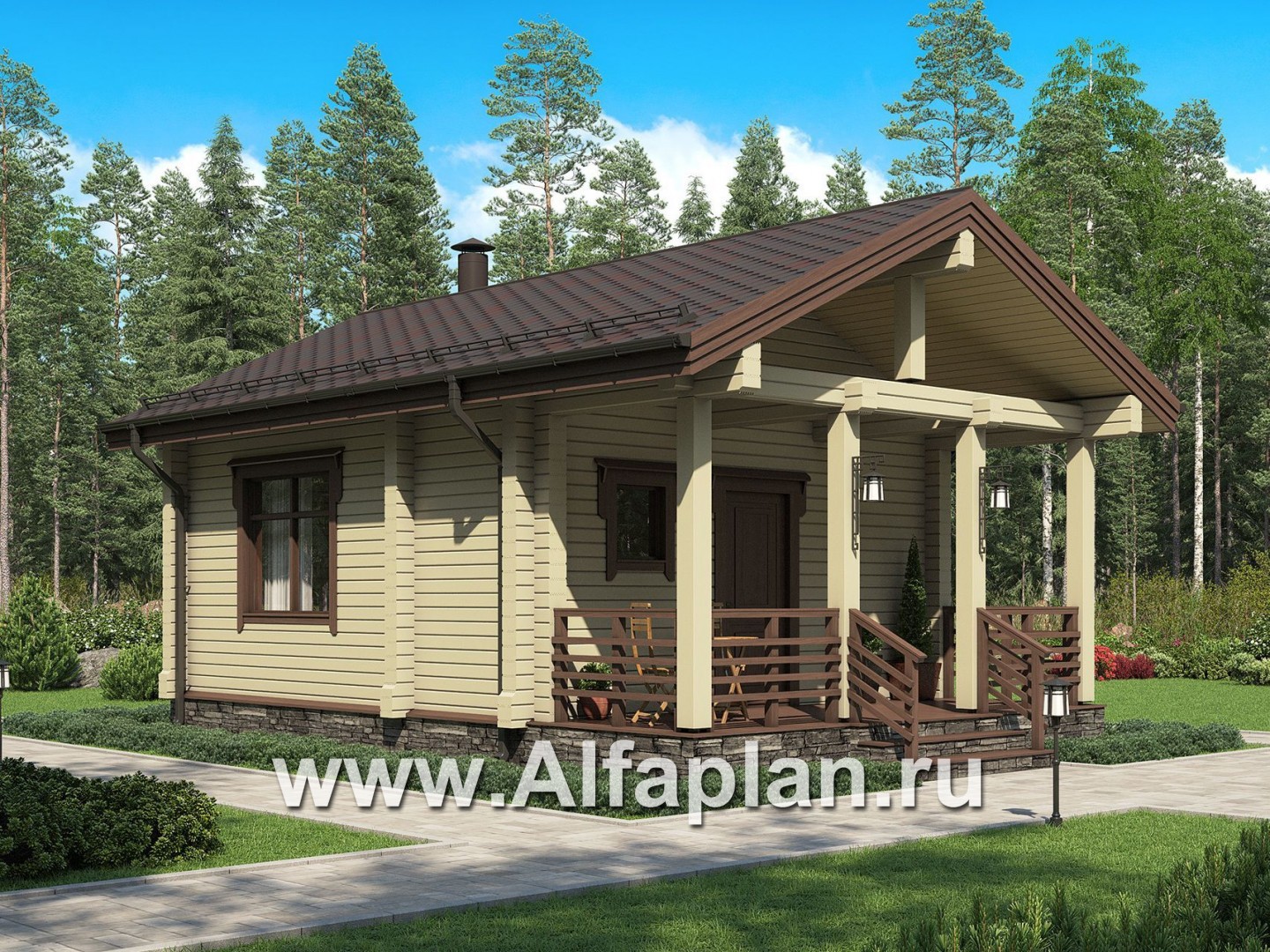Проект одноэтажной бани из бруса, с террасой - дизайн дома №1