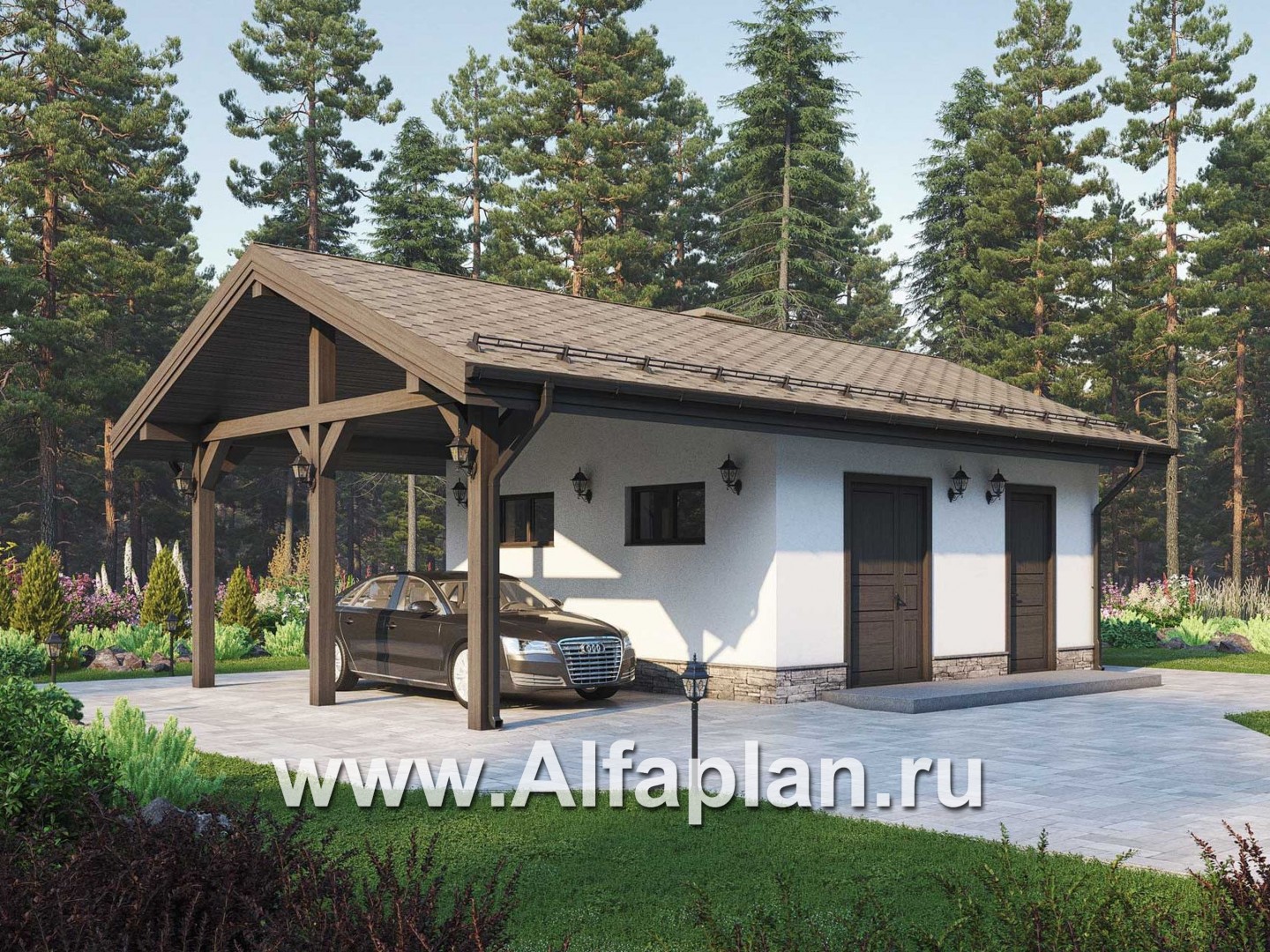 Проект хозблока с навесом на 1 авто - основное изображение