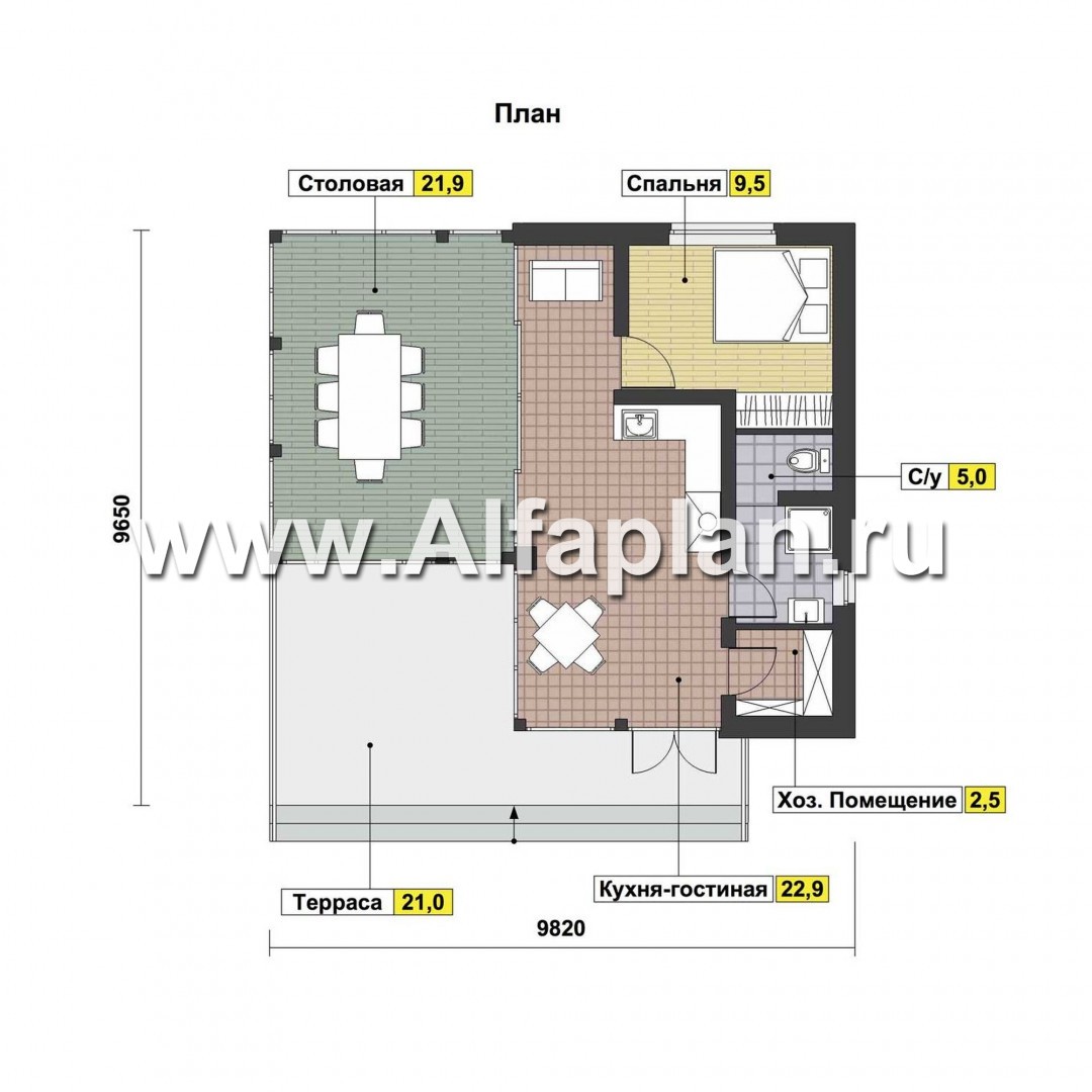 Проект гостевого дома, с большой террасой, спальней и душевой - план дома