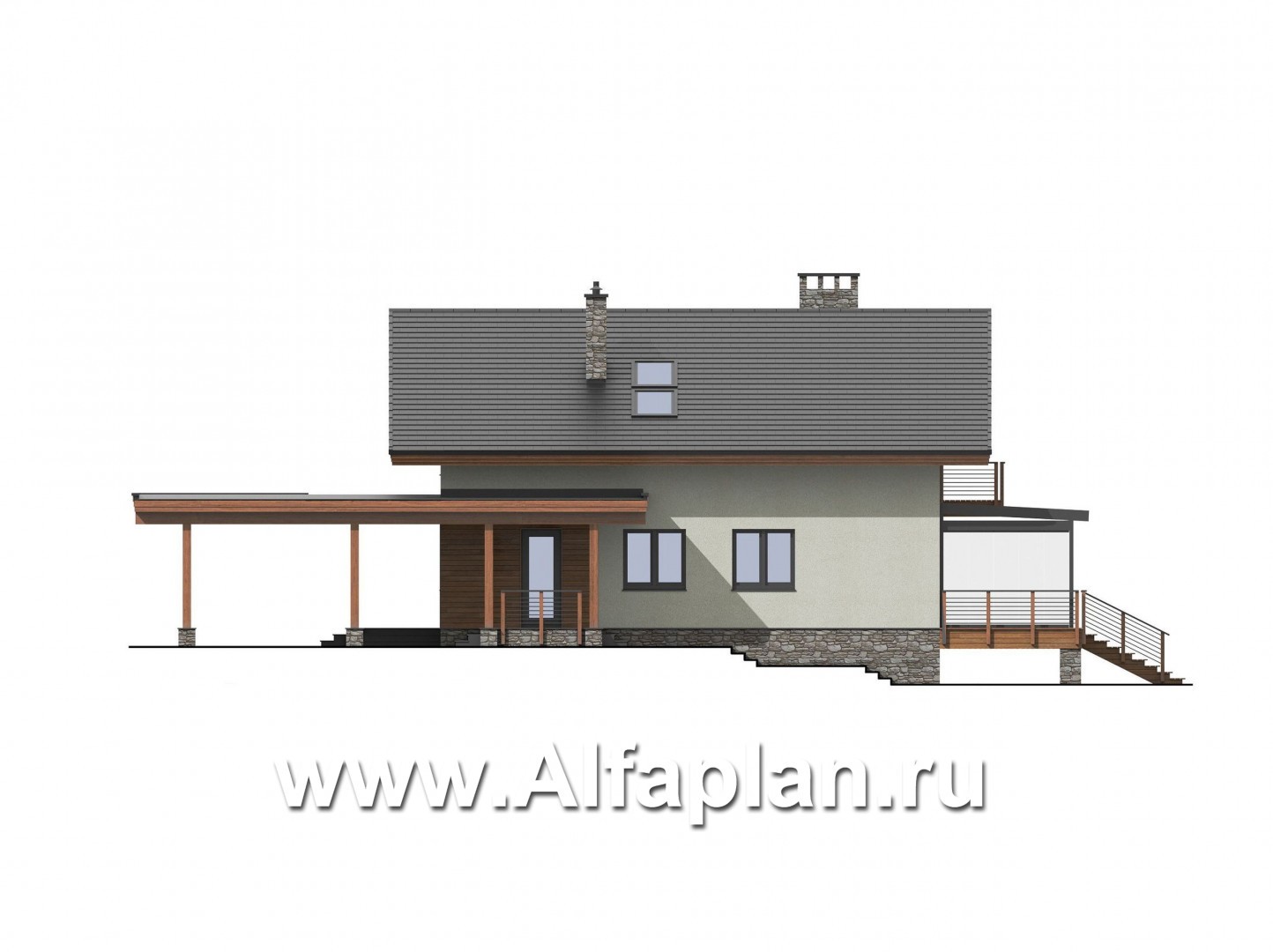 Проект дома с мансардой, планировка со вторым светом гостиной и с террасой, навес на 2 авто - фасад дома
