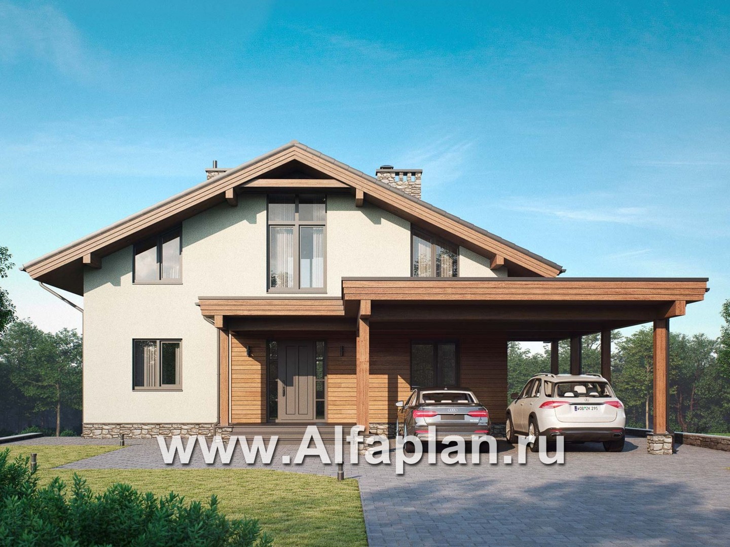 Проект дома с мансардой, планировка со вторым светом гостиной и с террасой, навес на 2 авто - дизайн дома №1