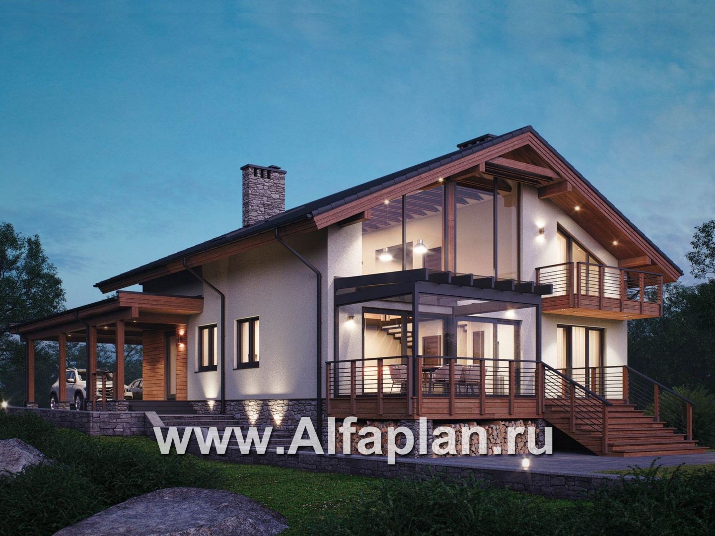 Проект дома с мансардой, планировка со вторым светом гостиной и с террасой, навес на 2 авто - дизайн дома №3