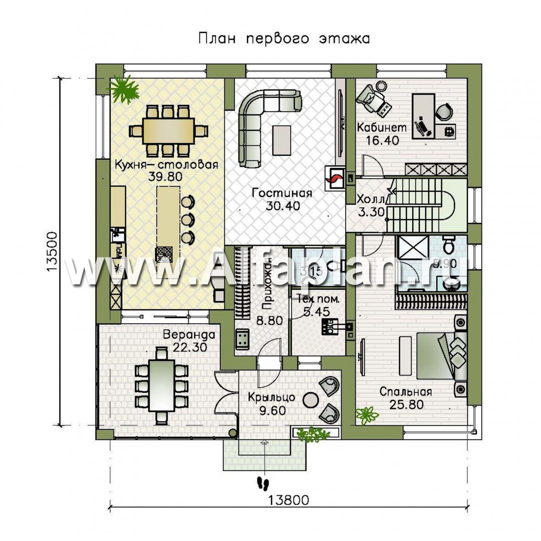 Проекты домов Альфаплан - «Спектр» - проект современного дома с двумя жилыми комнатами на 1-ом этаже - план проекта №1