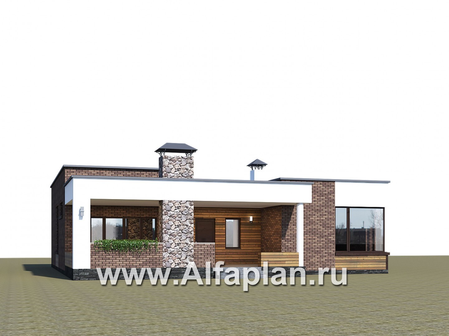 Проекты домов Альфаплан - «Фортис» - одноэтажный дом с плоской кровлей, и грилем на террасе - дополнительное изображение №1