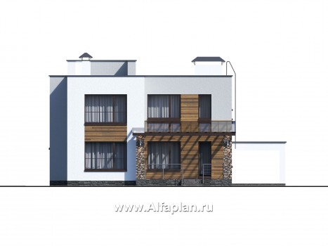 Проекты домов Альфаплан - «Престиж» - проект удобного и просторного дома с плоской кровлей, и гаражом-навесом - превью фасада №3