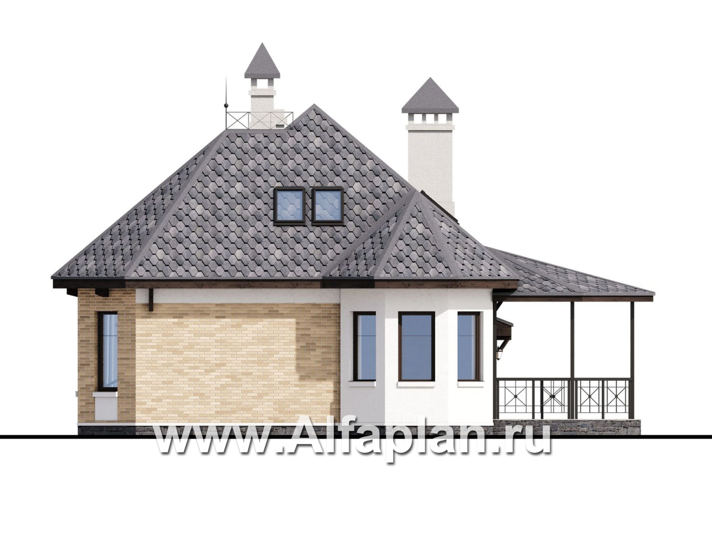 Проекты домов Альфаплан - «Душечка» - небольшой дом с мансардой и гаражом - изображение фасада №2