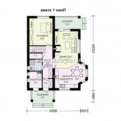 Проект дома с мансардой, планировка с террасой и кабинетом на 1 эт, с эркером - превью план дома