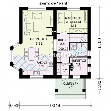 Проект дома с мансардой, 3 спальни, открытая планировка с камином и эркером, гостевая комната на 1 эт - превью план дома