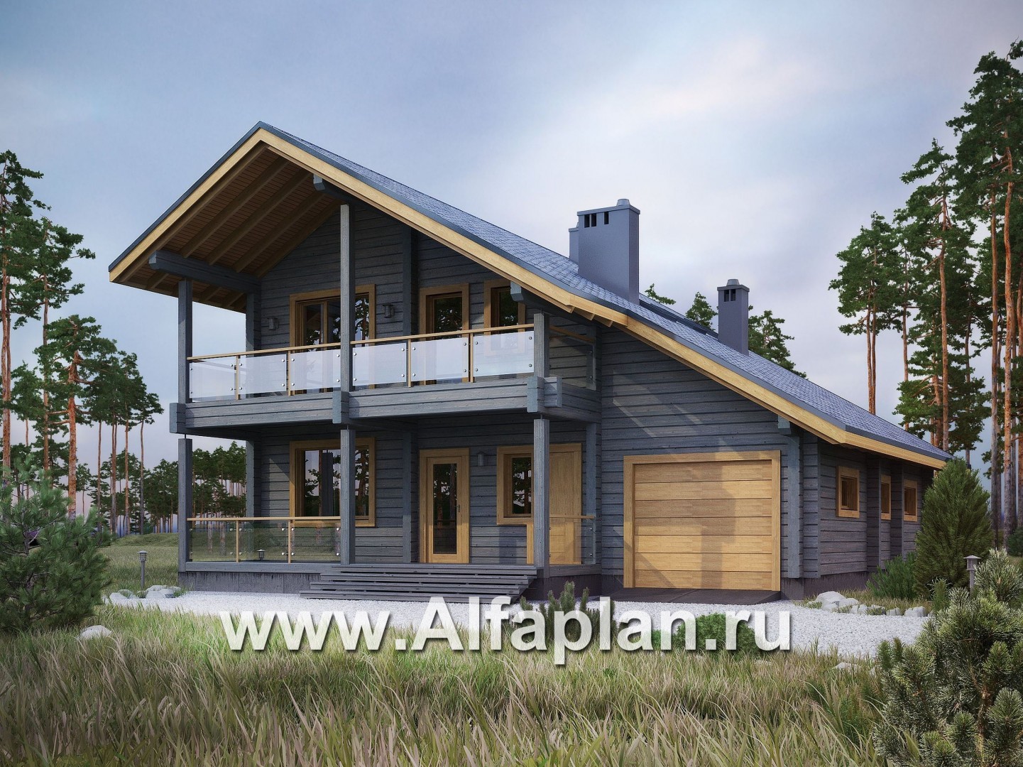 Проекты домов Альфаплан - Проект деревянного загородного дома с гаражом - основное изображение