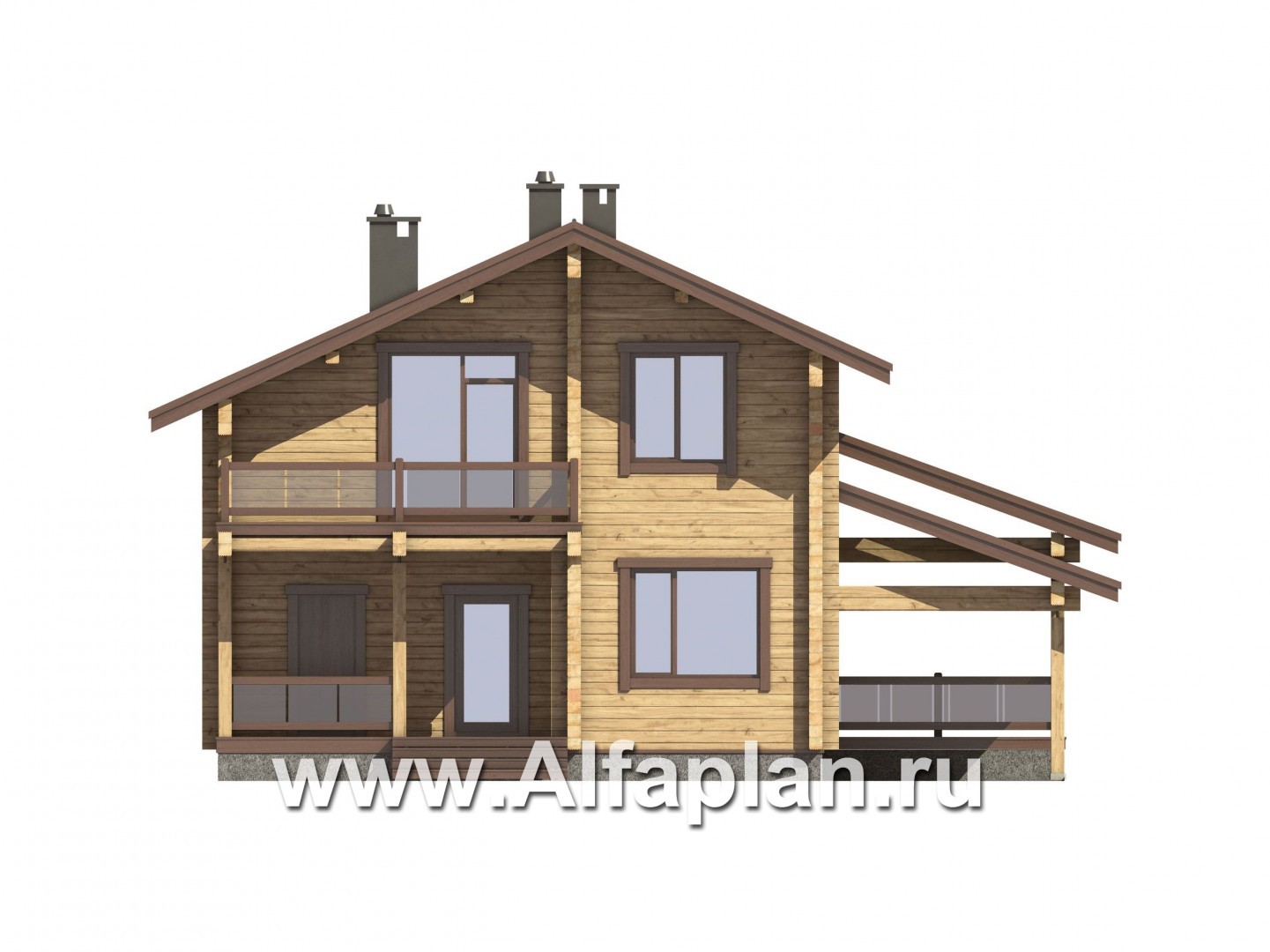 Проекты домов Альфаплан - Проект дома из бруса с навесом для машины и угловой террасой - изображение фасада №4