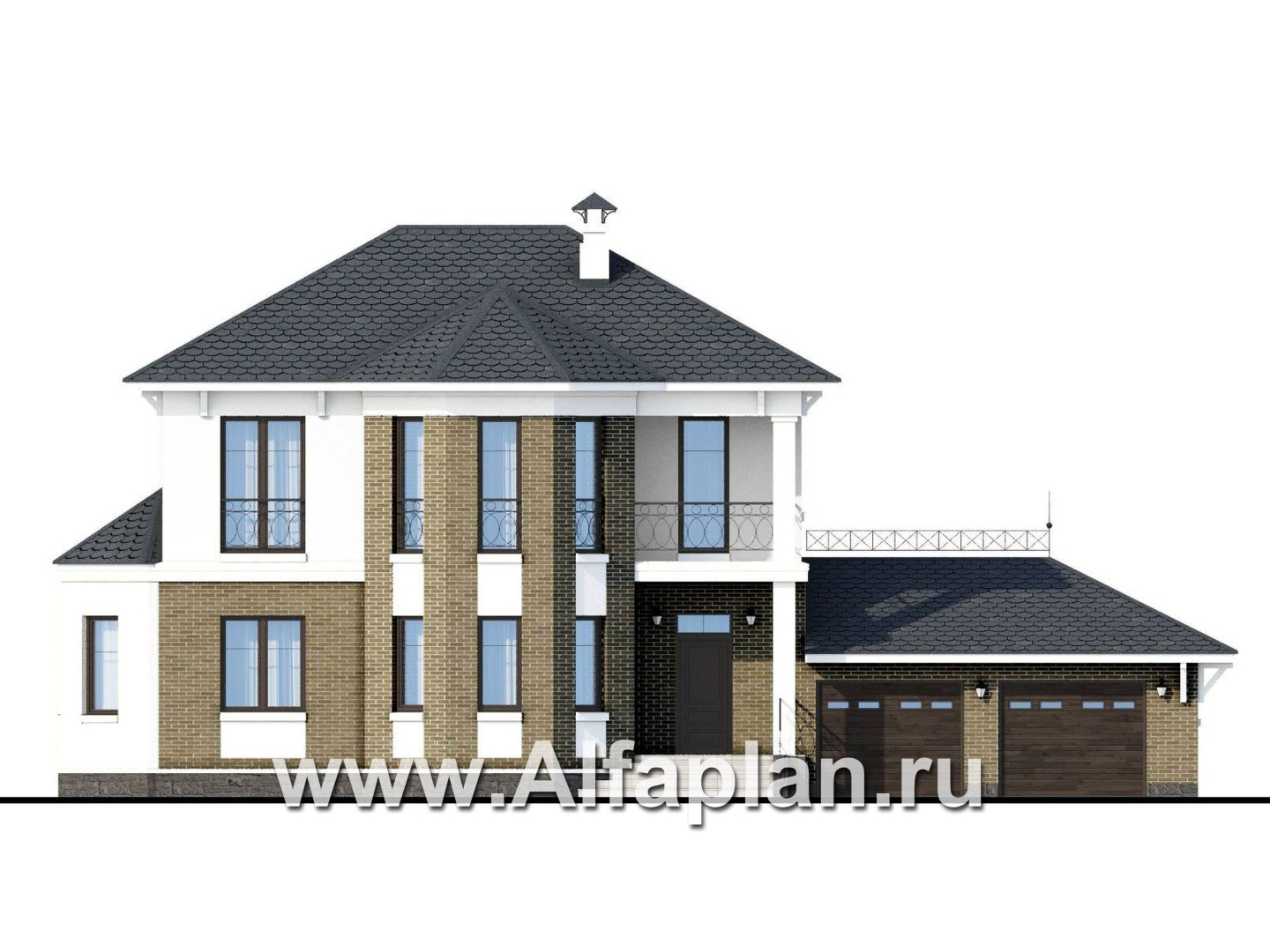 «Классика» - проект двухэтажного дома с эркером, планировка с кабинетом на 1 эт и с террасой, с гаражом на 2 авто - фасад дома