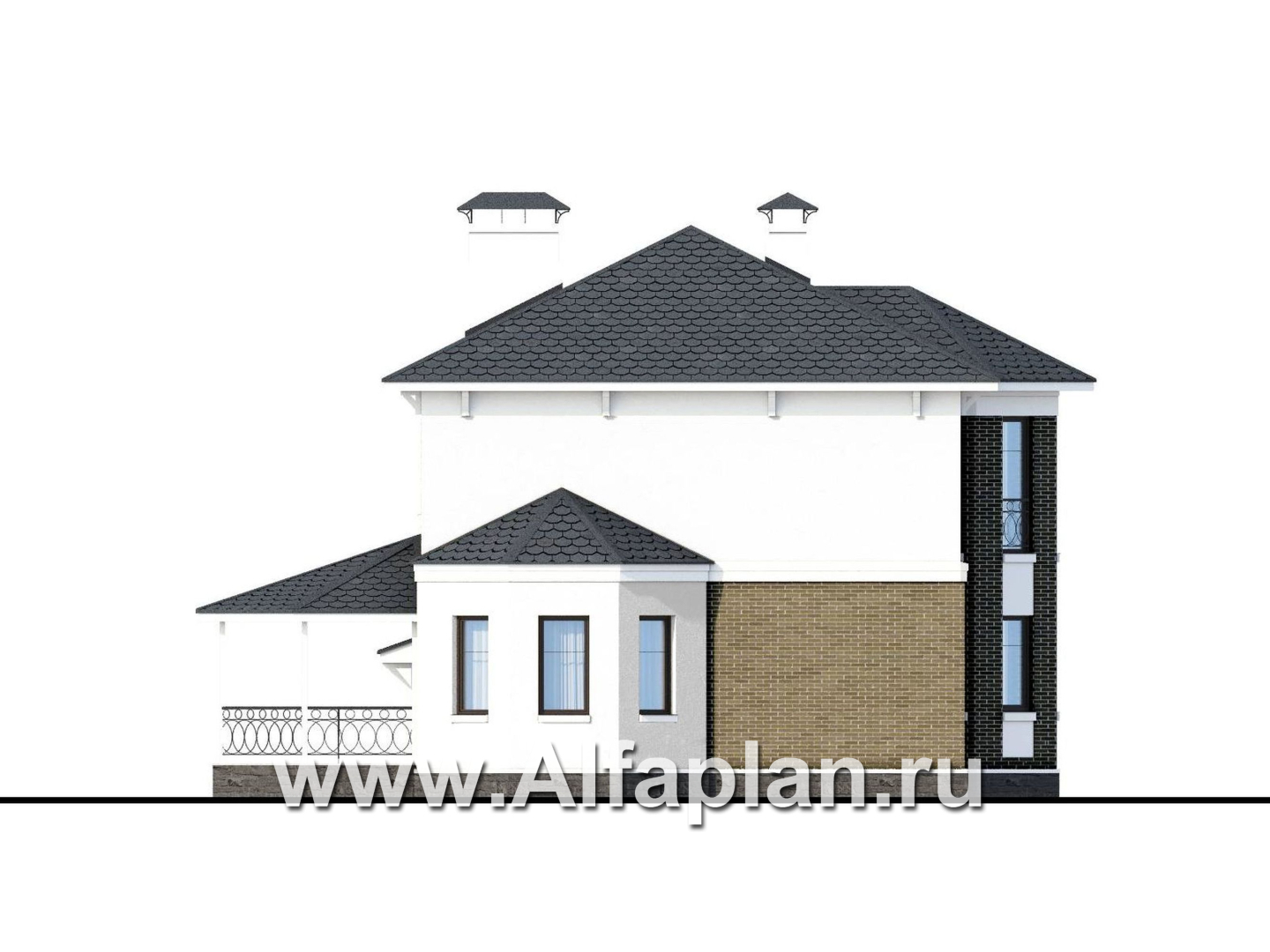 «Классика» - проект двухэтажного дома с эркером, планировка с кабинетом на 1 эт и с террасой, с гаражом на 2 авто - фасад дома