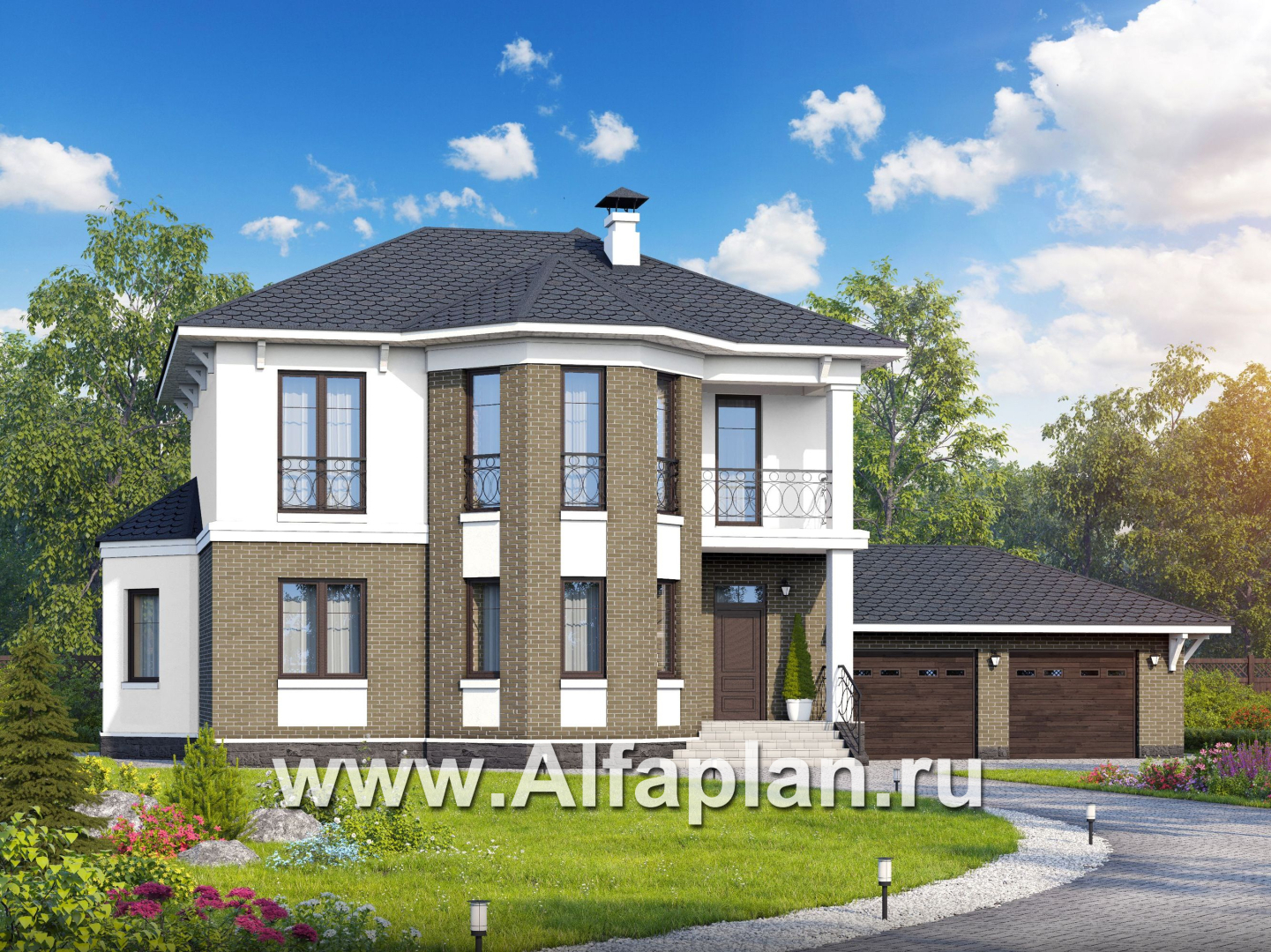 «Классика» - проект двухэтажного дома с эркером, планировка с кабинетом на 1 эт и с террасой, с гаражом на 2 авто - основное изображение